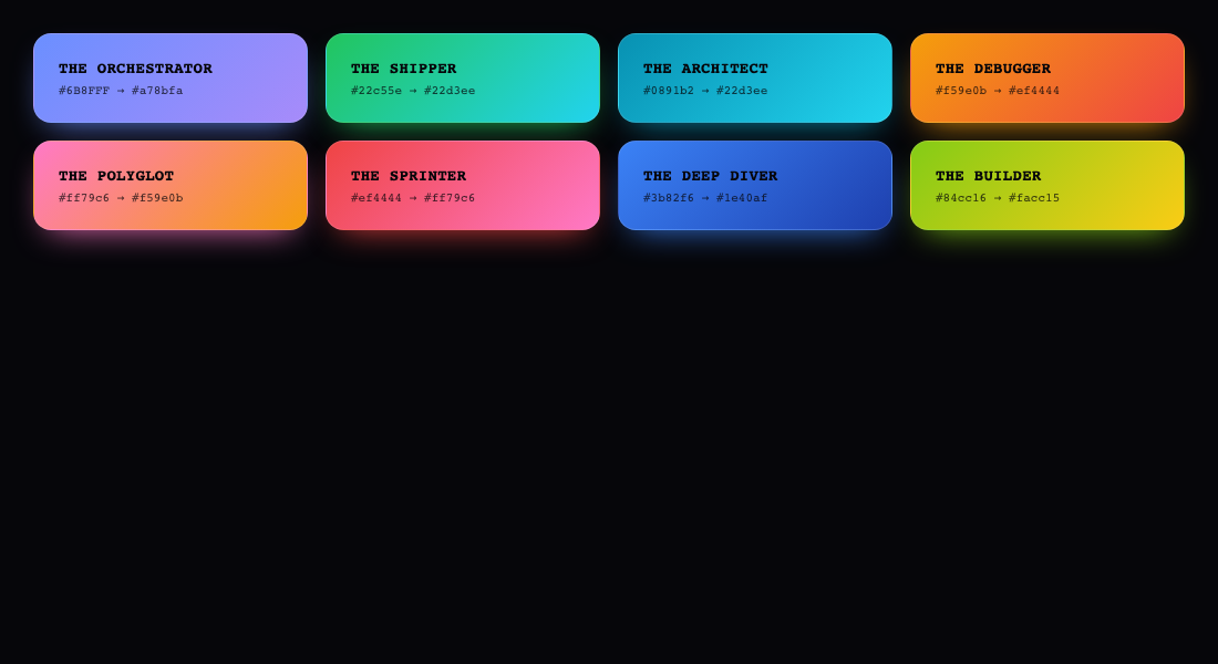 The eight archetypes, each with its own glyph and color