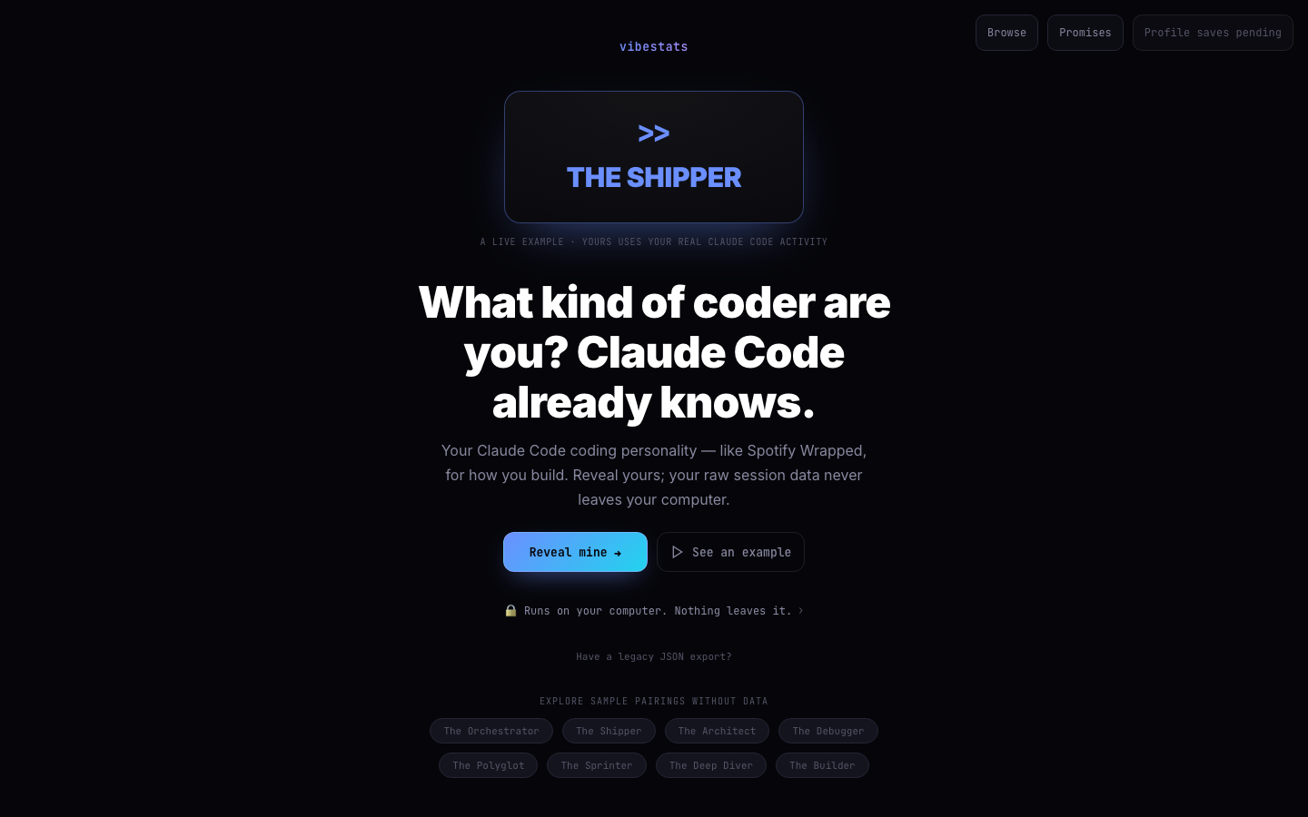 The vibestats landing page: reveal, don't upload
